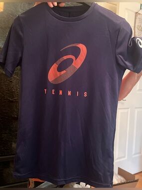 Asics Navy Tee with Coral Tennis Logo